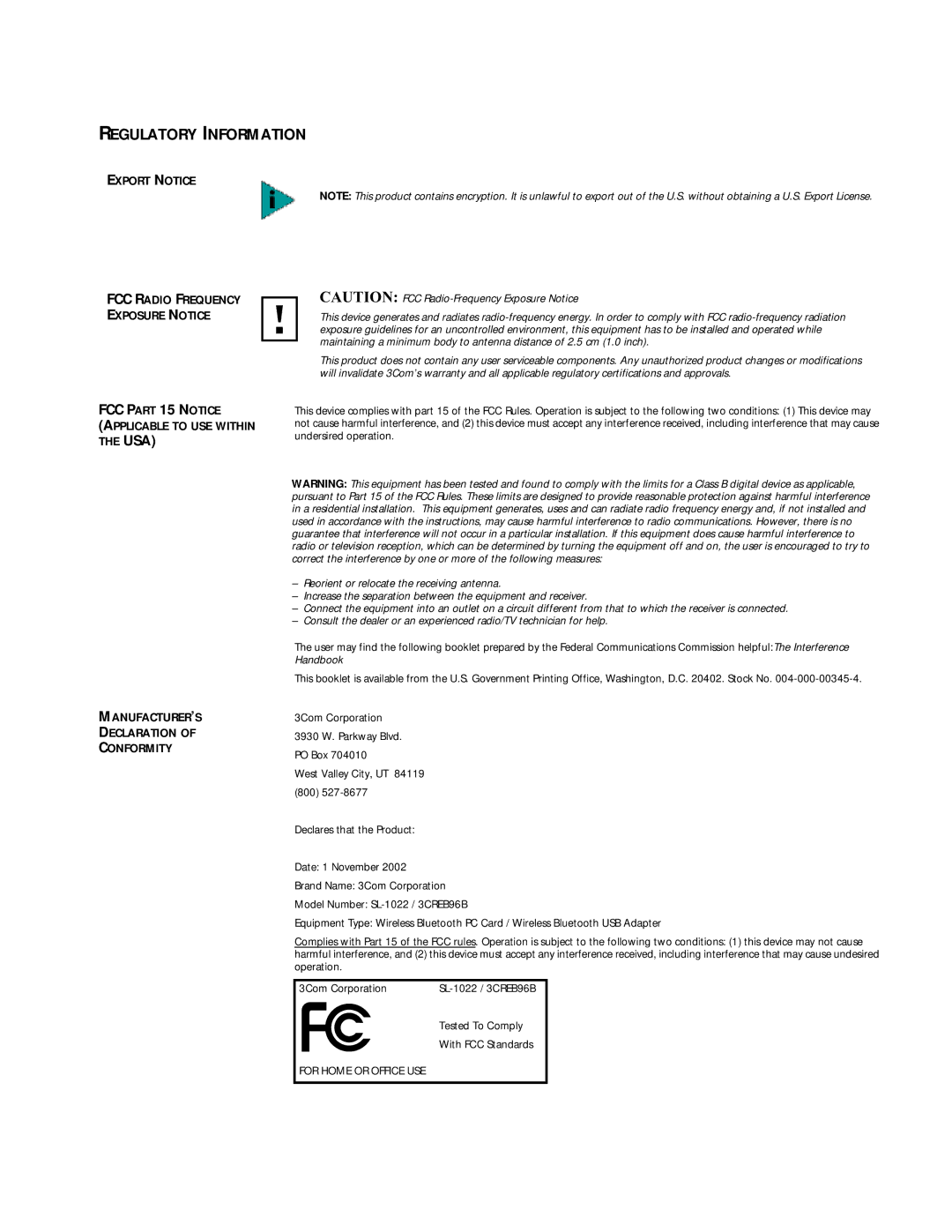 3Com 3CRWB6096B, 3CREB96B manual Regulatory Information 