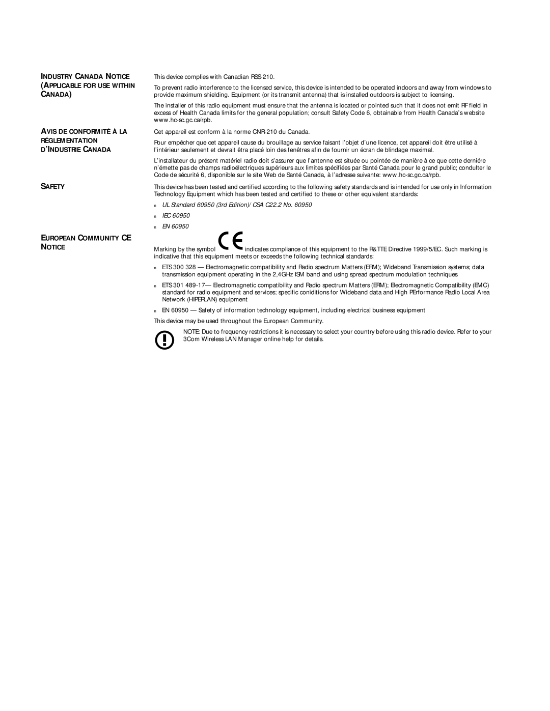 3Com 3CREB96B, 3CRWB6096B manual UL Standard 60950 3rd Edition/ CSA C22.2 No IEC 