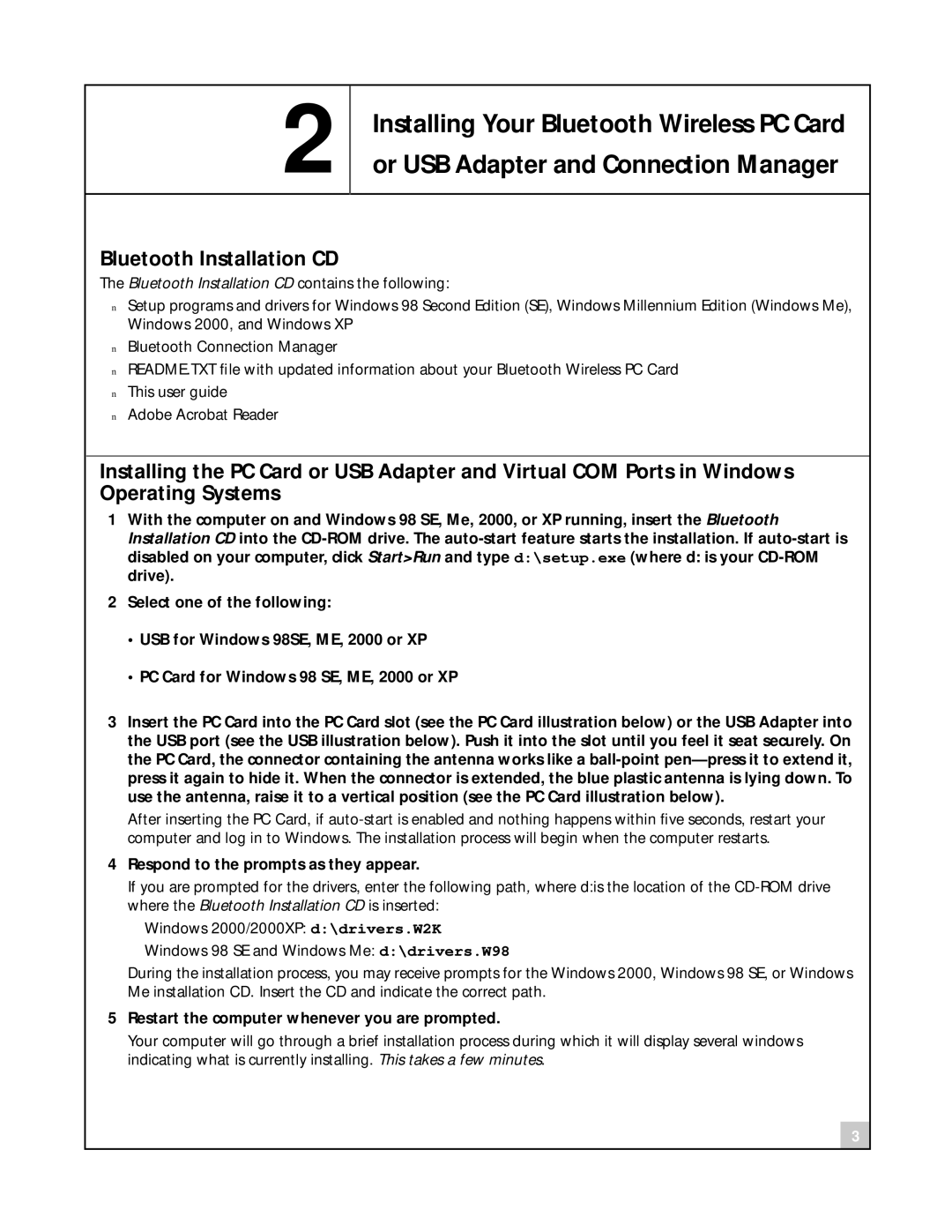 3Com 3CRWB6096B, 3CREB96B manual Bluetooth Installation CD, Respond to the prompts as they appear 