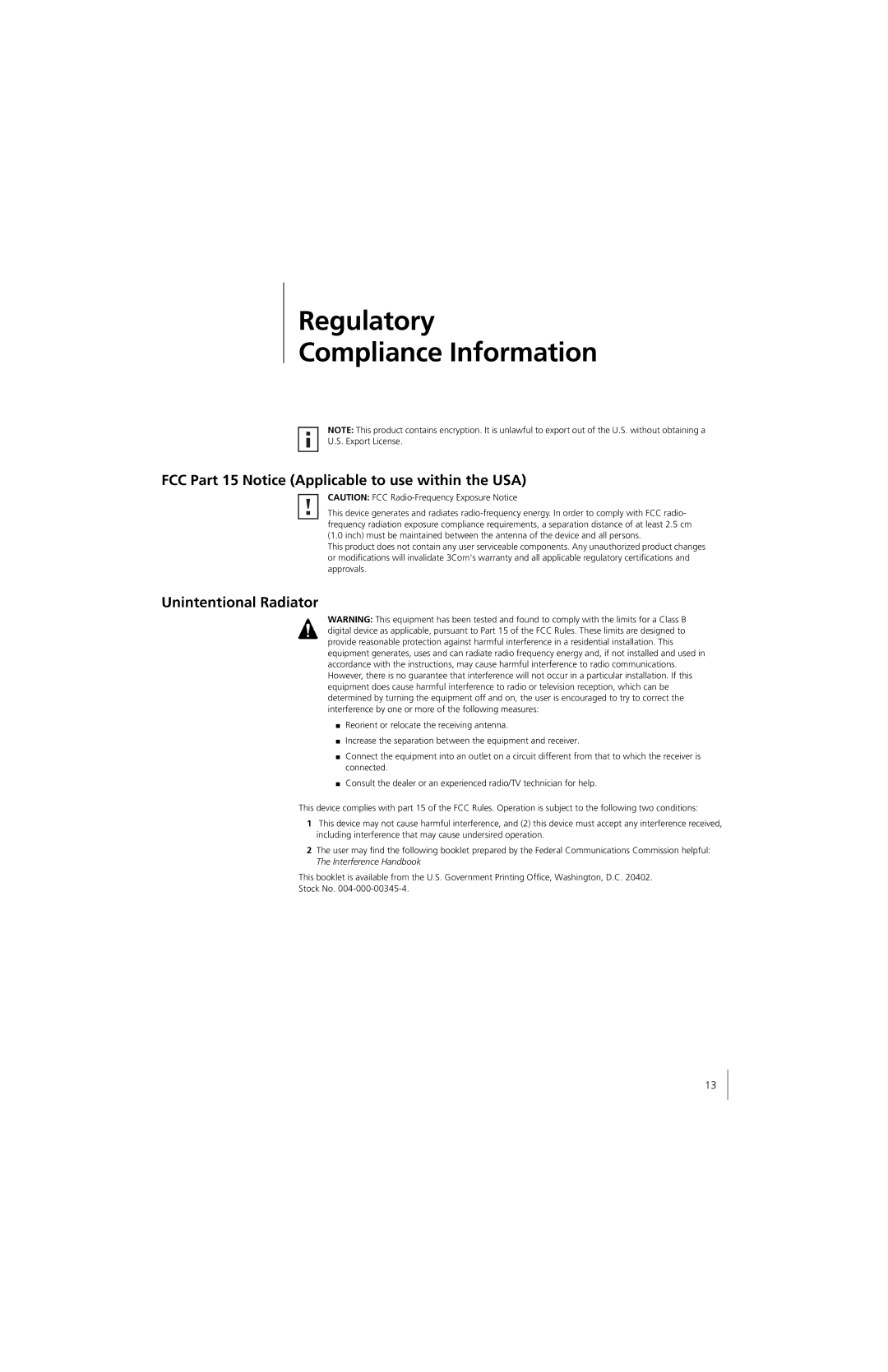 3Com 3CRPAG175 quick start Regulatory Compliance Information, FCC Part 15 Notice Applicable to use within the USA 