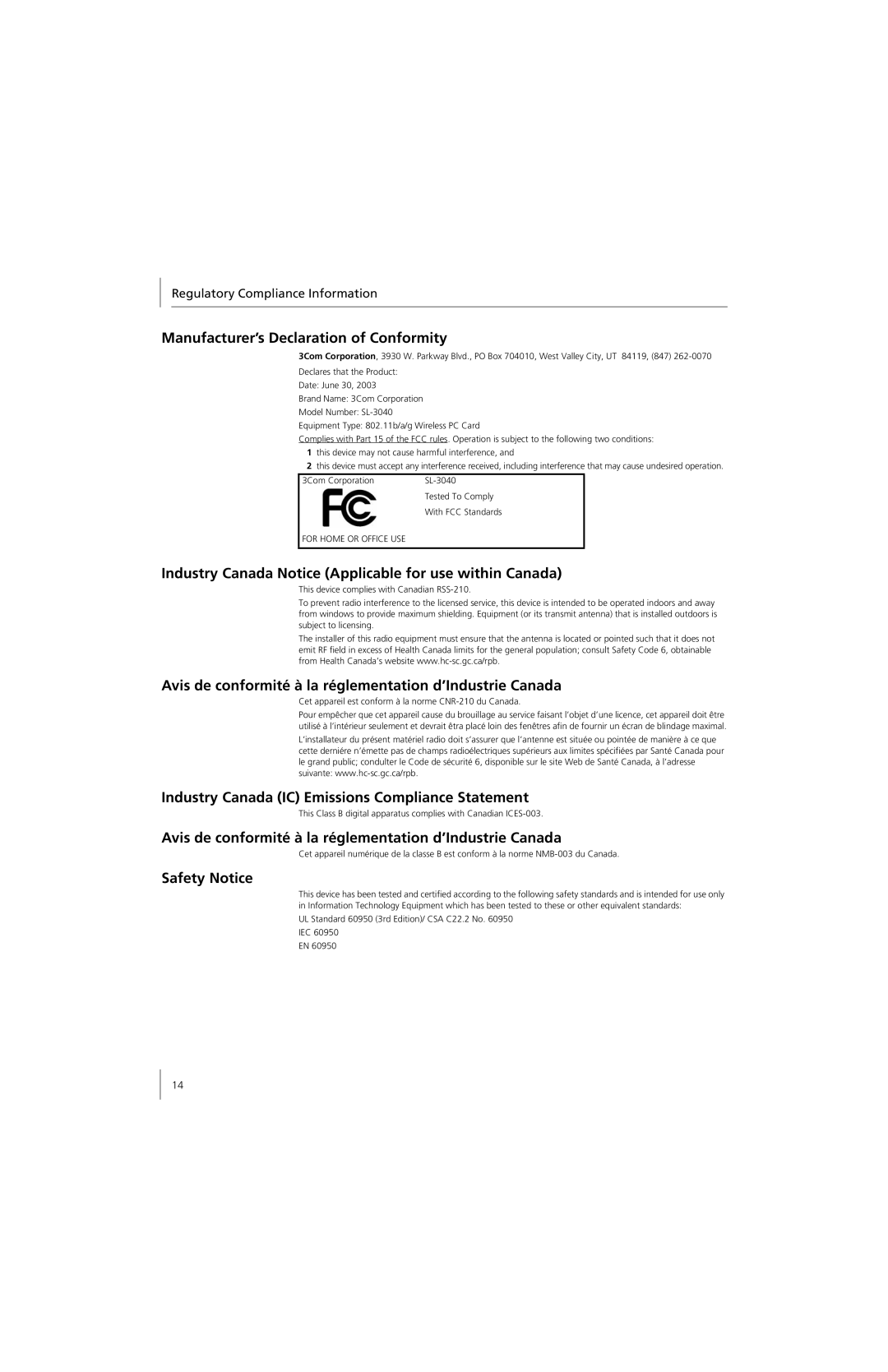 3Com 3CRPAG175 quick start Industry Canada IC Emissions Compliance Statement 