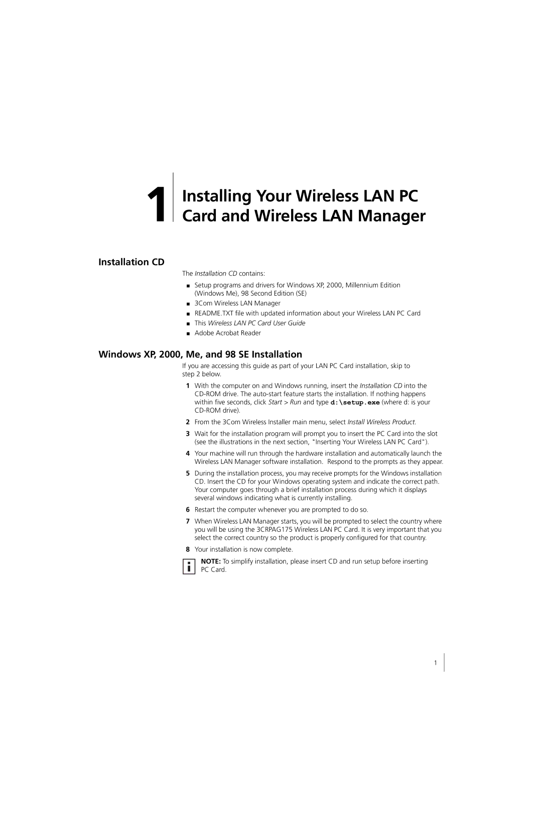 3Com 3CRPAG175 quick start Installation CD, Windows XP, 2000, Me, and 98 SE Installation 