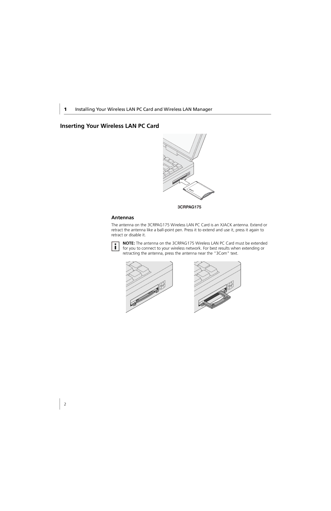 3Com 3CRPAG175 quick start Inserting Your Wireless LAN PC Card, Antennas 