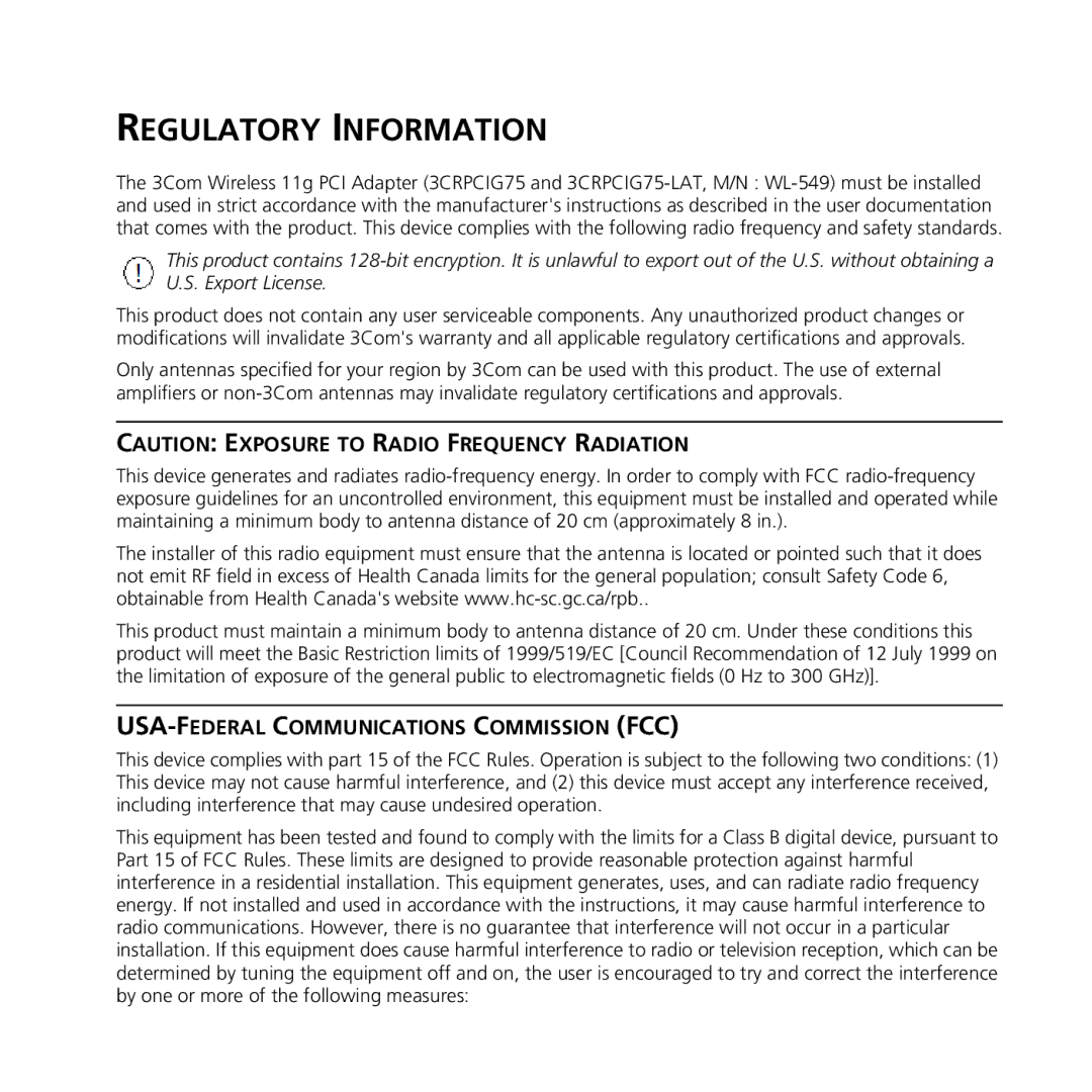 3Com 3CRPCIG75-LAT manual Regulatory Information, USA-FEDERAL Communications Commission FCC 