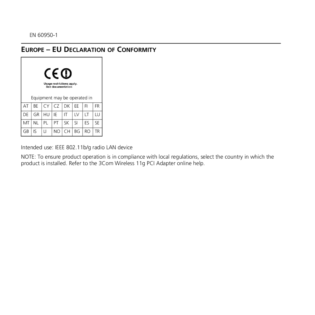 3Com 3CRPCIG75-LAT manual Europe EU Declaration of Conformity 