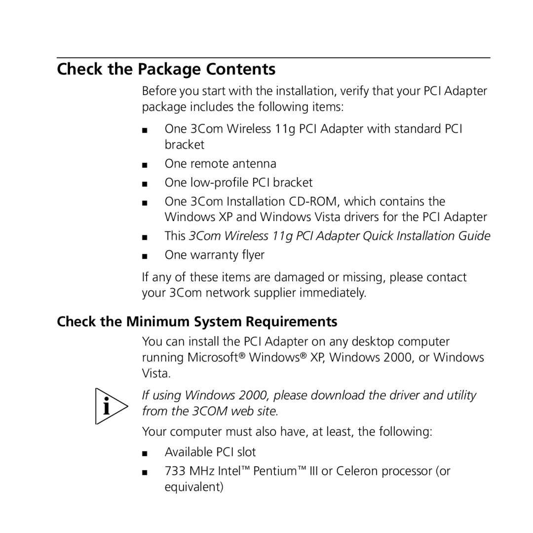 3Com 3CRPCIG75-LAT manual Check the Package Contents 