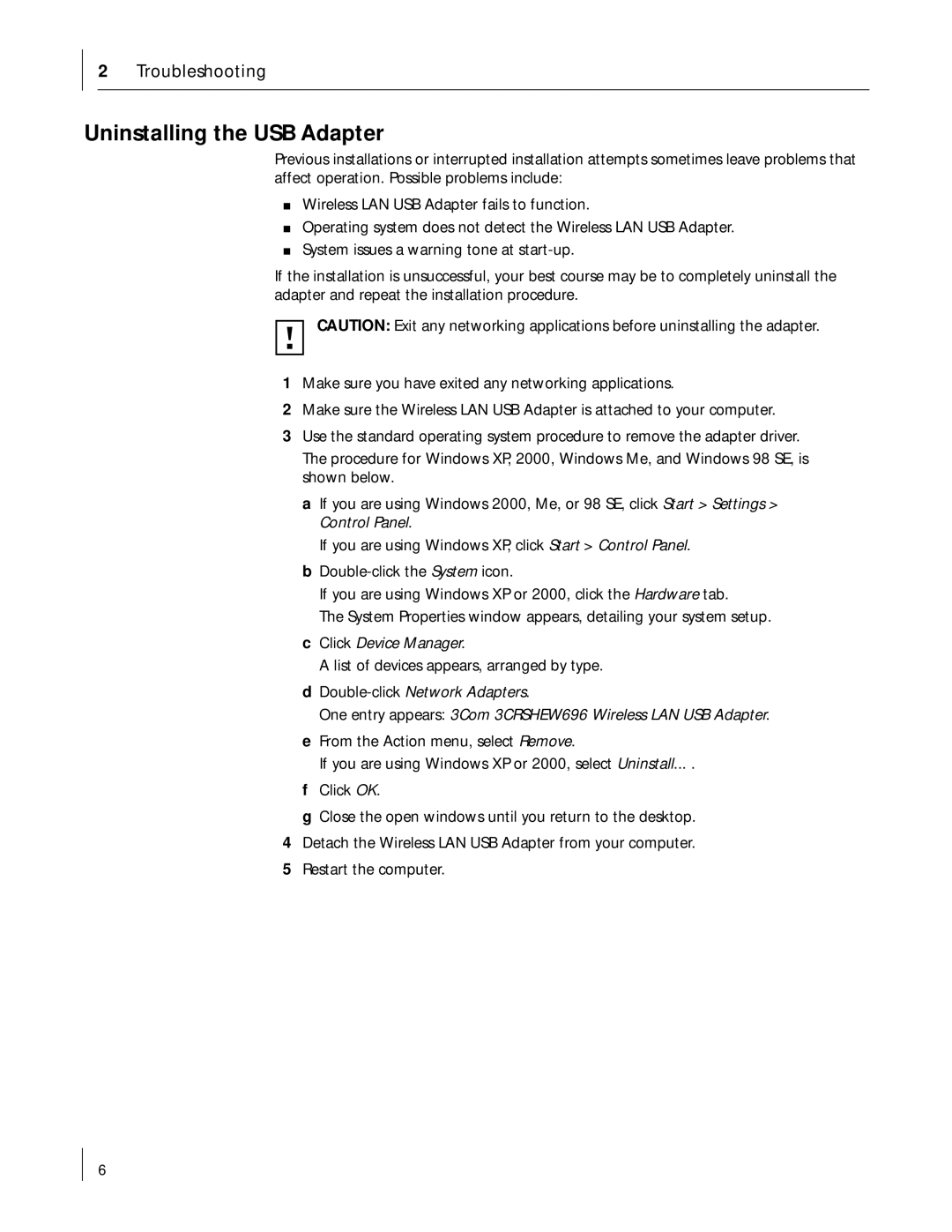 3Com 3CRSHEW696 manual Uninstalling the USB Adapter 