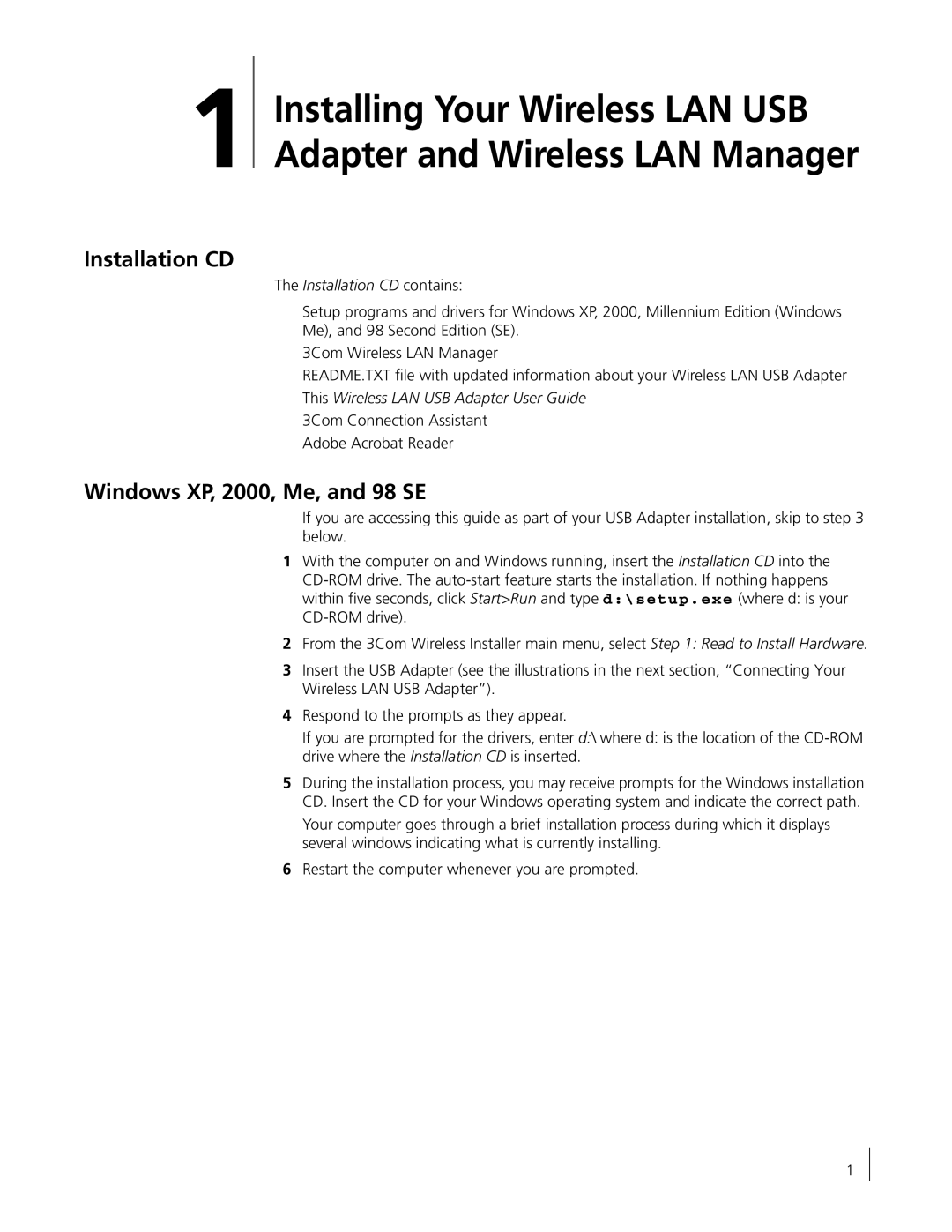 3Com 3CRSHEW696 manual Installation CD, Windows XP, 2000, Me, and 98 SE 