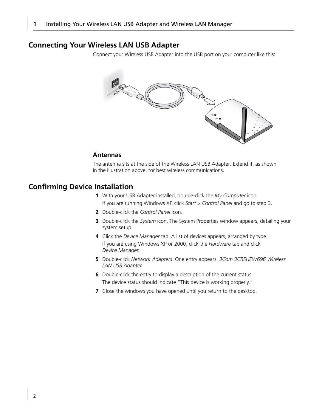 3Com 3CRSHEW696 manual Connecting Your Wireless LAN USB Adapter, Conﬁrming Device Installation, Antennas 