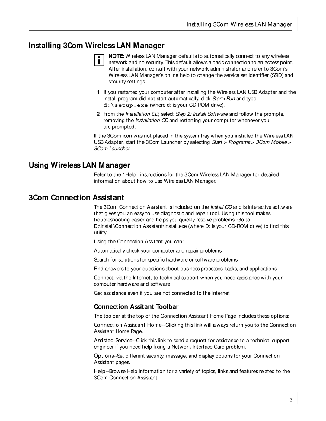 3Com 3CRSHEW696 manual Installing 3Com Wireless LAN Manager, Using Wireless LAN Manager, 3Com Connection Assistant 