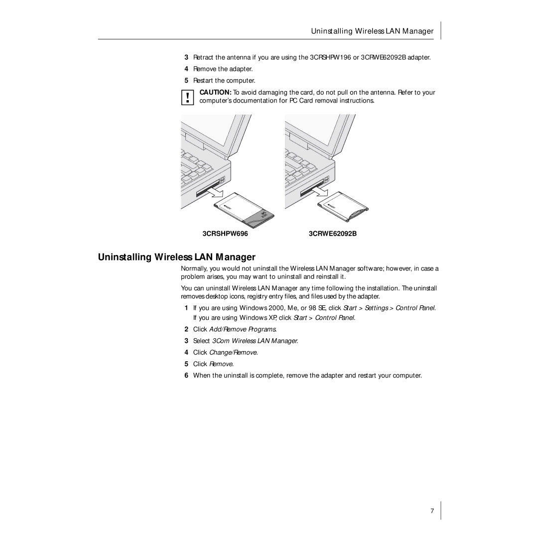 3Com 3CRSHPW696 manual Uninstalling Wireless LAN Manager 