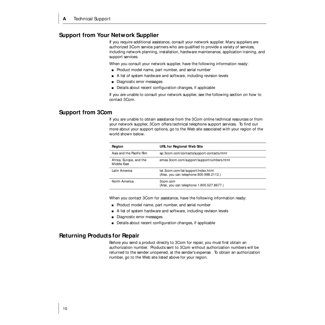 3Com 3CRSHPW696 manual Support from Your Network Supplier, Support from 3Com, Returning Products for Repair 