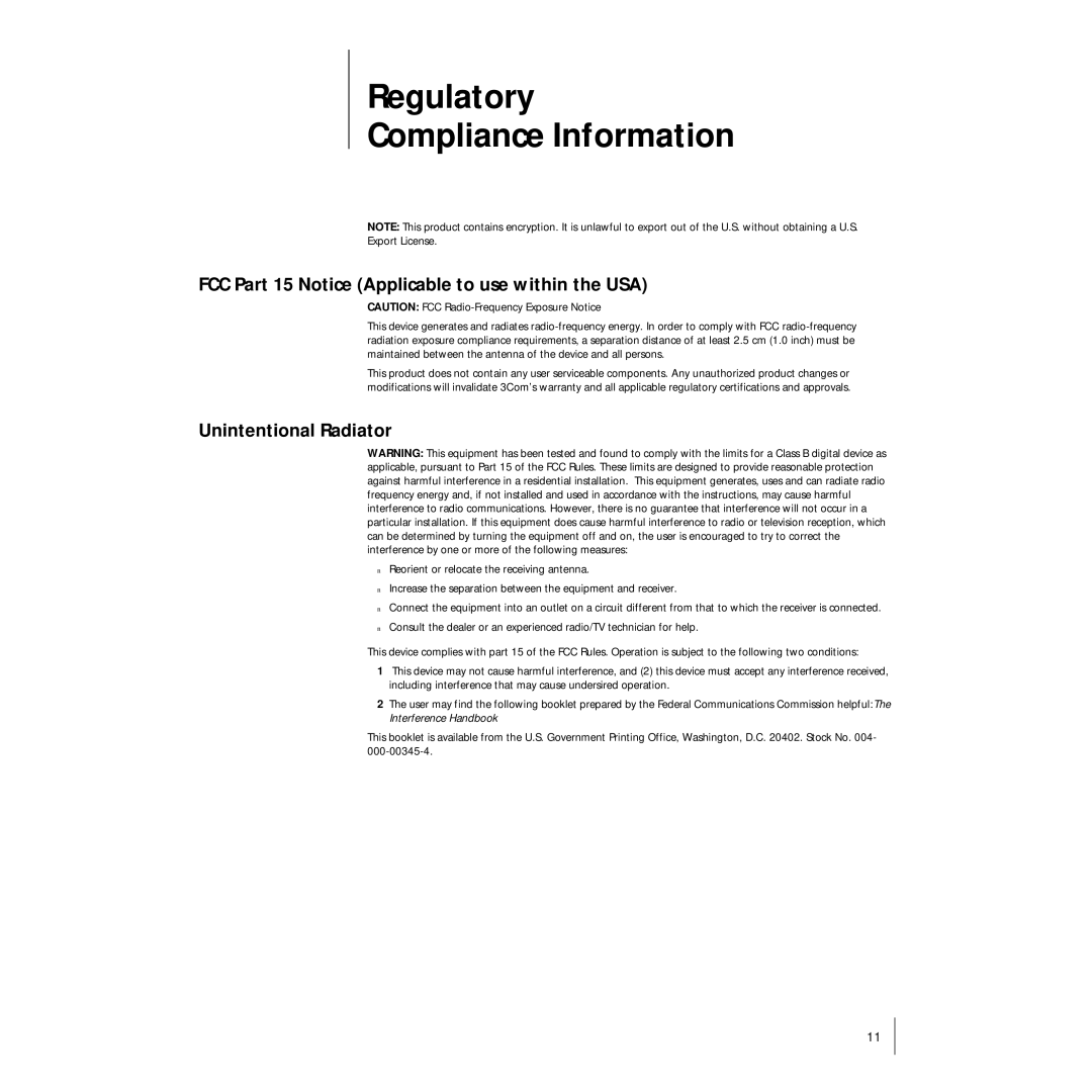 3Com 3CRSHPW696 manual Regulatory Compliance Information, FCC Part 15 Notice Applicable to use within the USA 