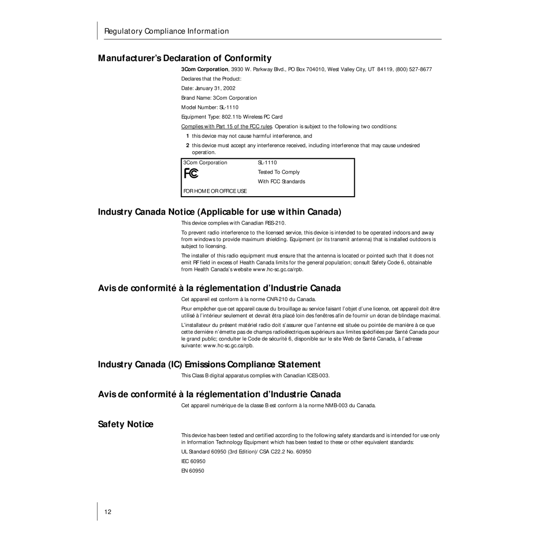 3Com 3CRSHPW696 manual Industry Canada IC Emissions Compliance Statement 