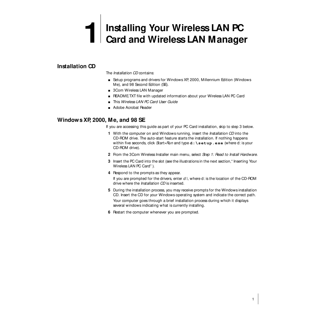 3Com 3CRSHPW696 manual Installation CD, Windows XP, 2000, Me, and 98 SE 