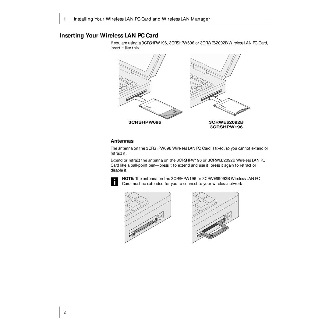 3Com 3CRSHPW696 manual Inserting Your Wireless LAN PC Card, Antennas 