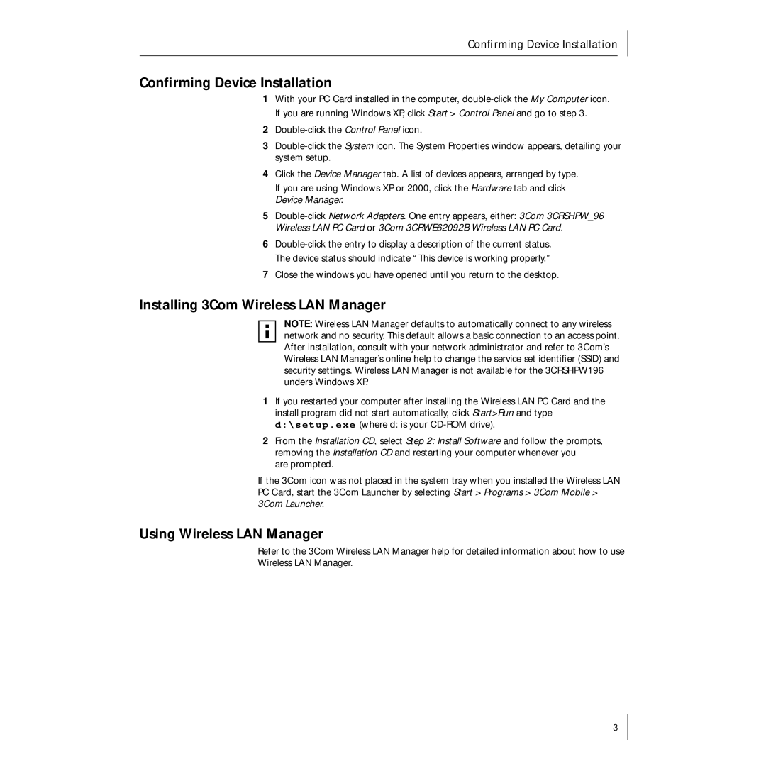 3Com 3CRSHPW696 manual Conﬁrming Device Installation, Installing 3Com Wireless LAN Manager, Using Wireless LAN Manager 