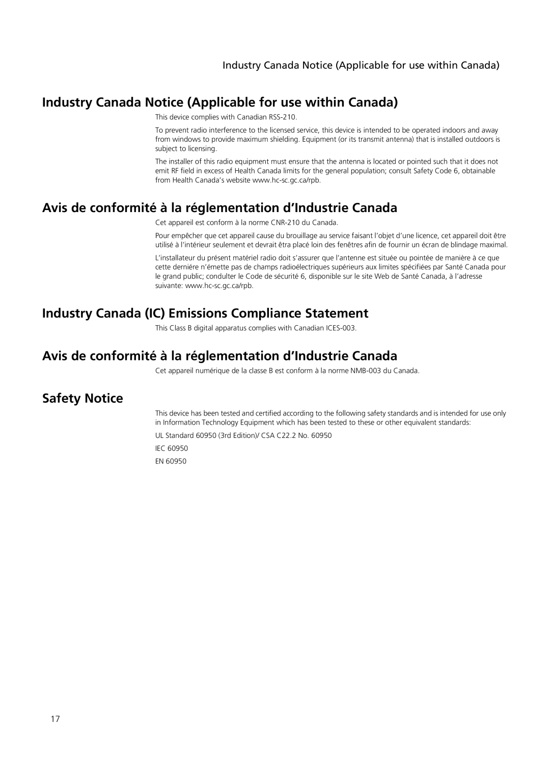 3Com 3CRWE154A72, 3CRSHPW796, 3CRWE154G72 manual Industry Canada Notice Applicable for use within Canada, Safety Notice 