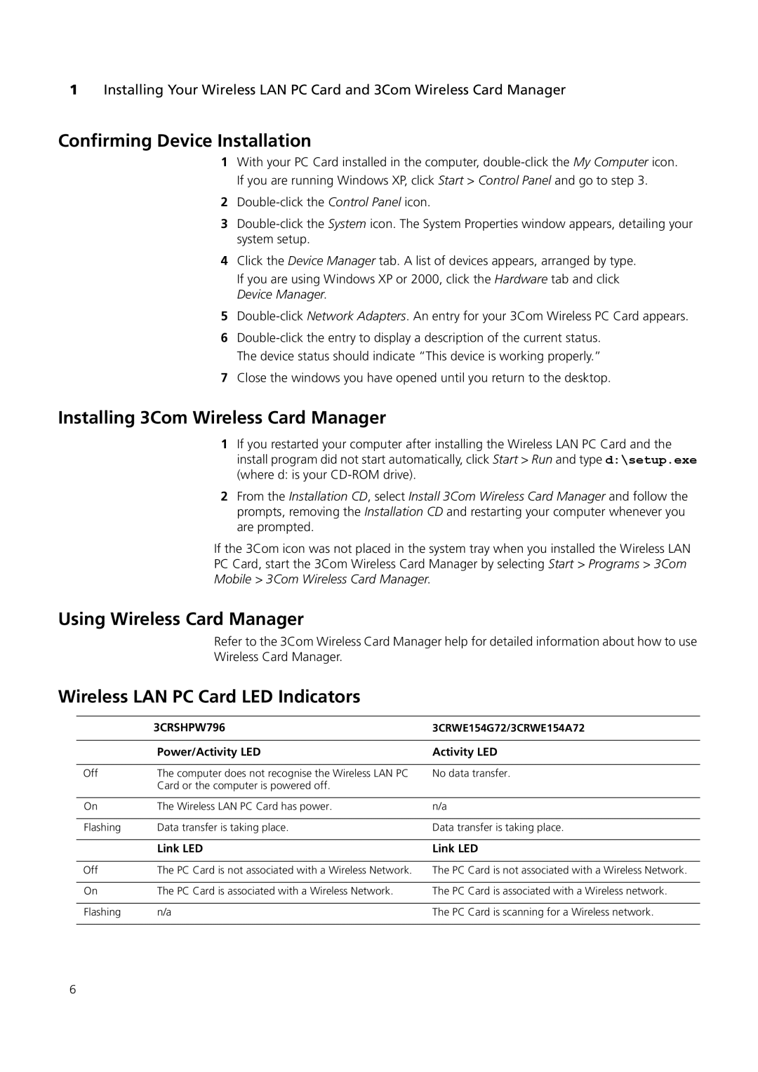 3Com 3CRSHPW796 manual Confirming Device Installation, Installing 3Com Wireless Card Manager, Using Wireless Card Manager 