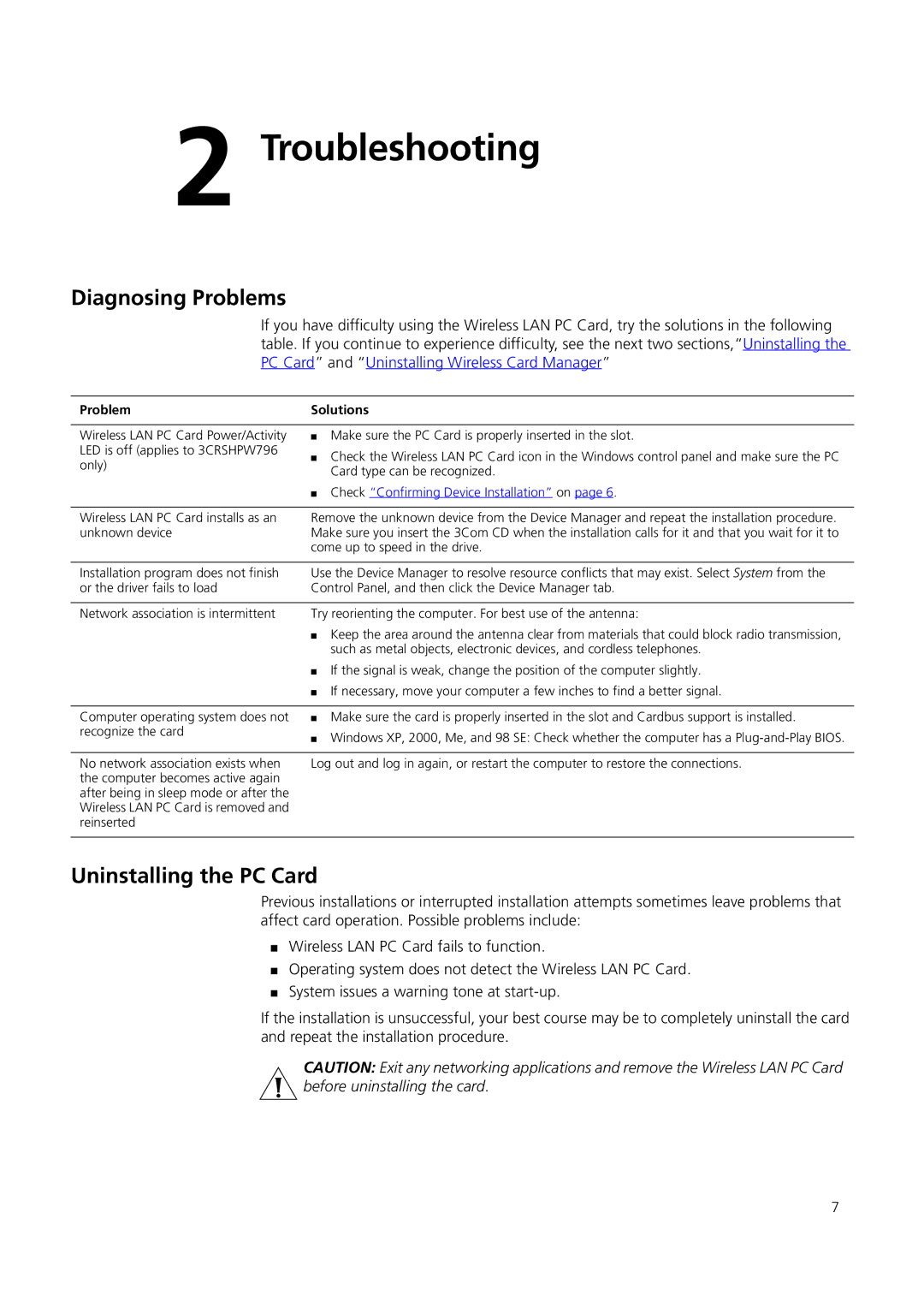 3Com 3CRWE154G72, 3CRSHPW796, 3CRWE154A72 manual Troubleshooting, Diagnosing Problems, Uninstalling the PC Card 