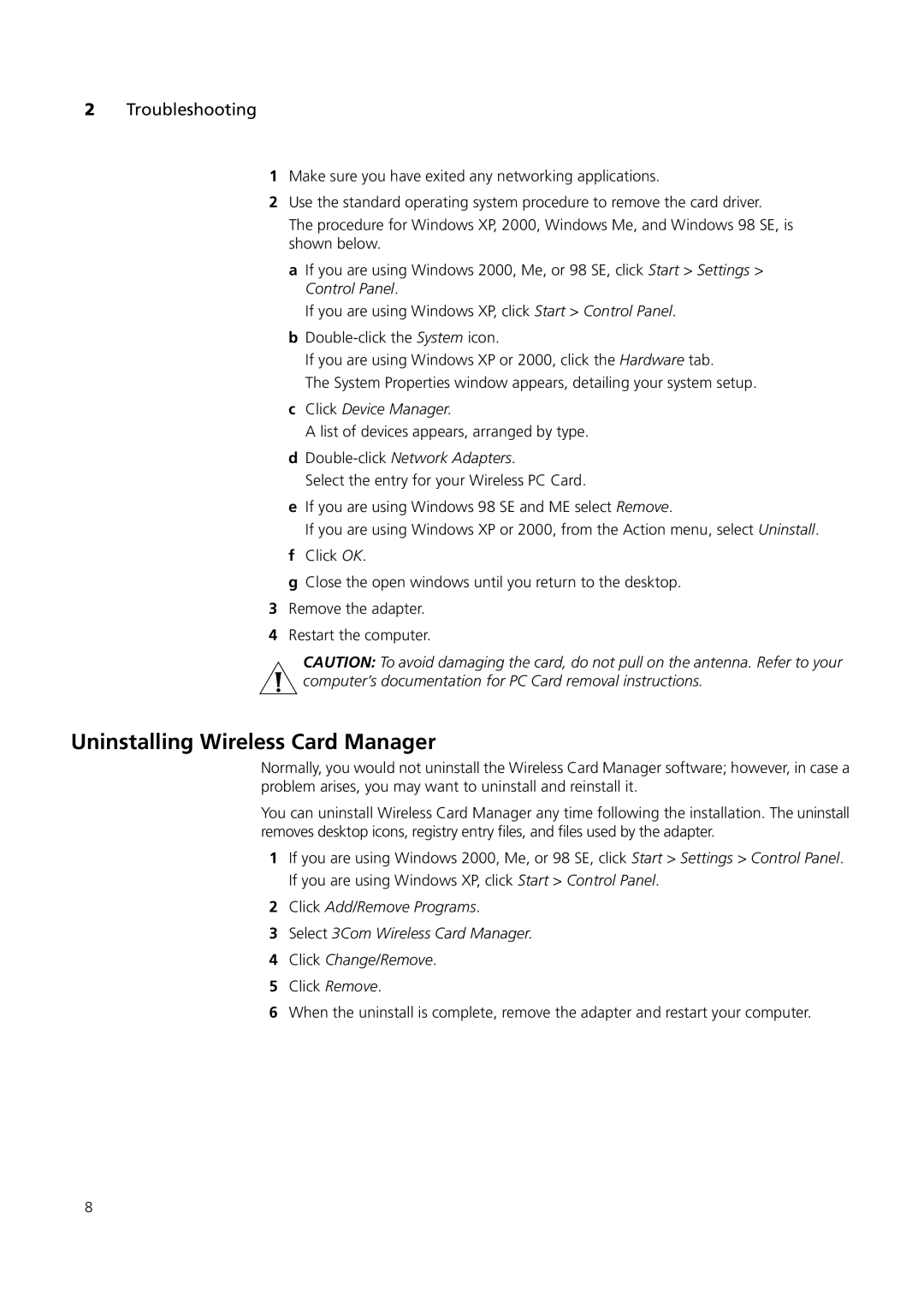 3Com 3CRWE154A72, 3CRSHPW796, 3CRWE154G72 manual Uninstalling Wireless Card Manager, Troubleshooting 