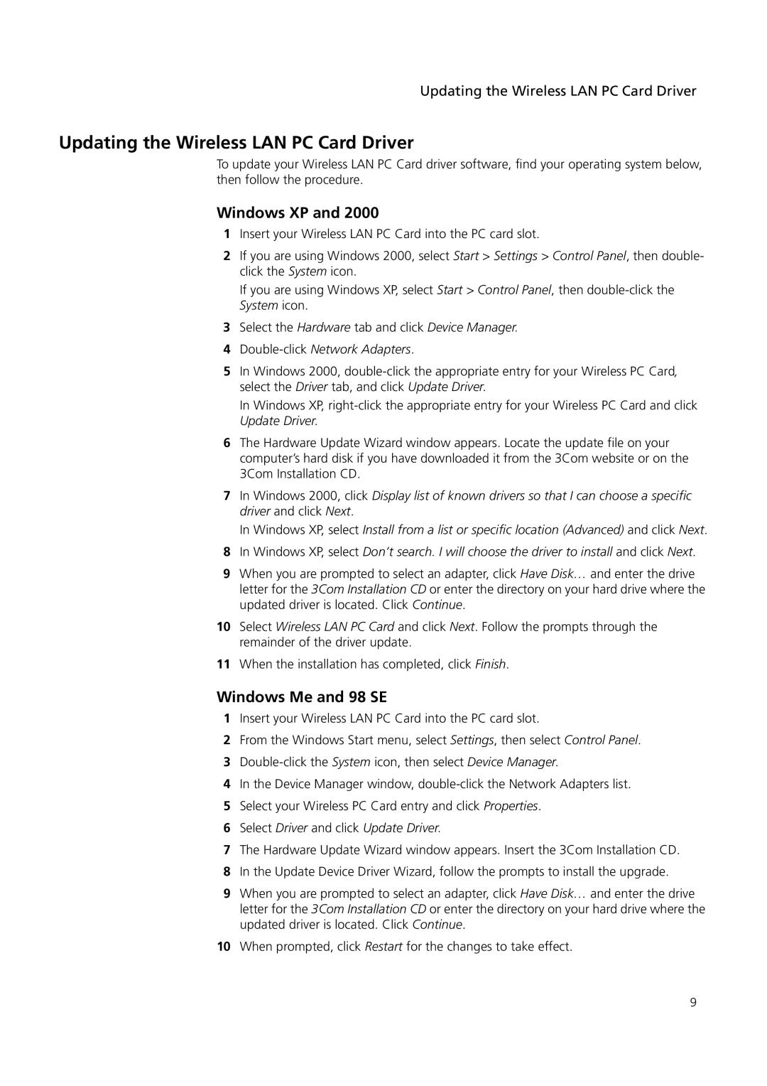 3Com 3CRSHPW796, 3CRWE154G72, 3CRWE154A72 manual Updating the Wireless LAN PC Card Driver, Windows XP 