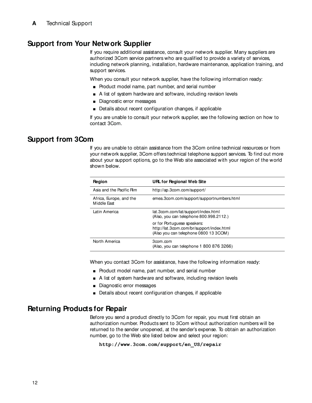 3Com 3CRSHPW796, 3CRWE154G72 manual Support from Your Network Supplier, Support from 3Com, Returning Products for Repair 
