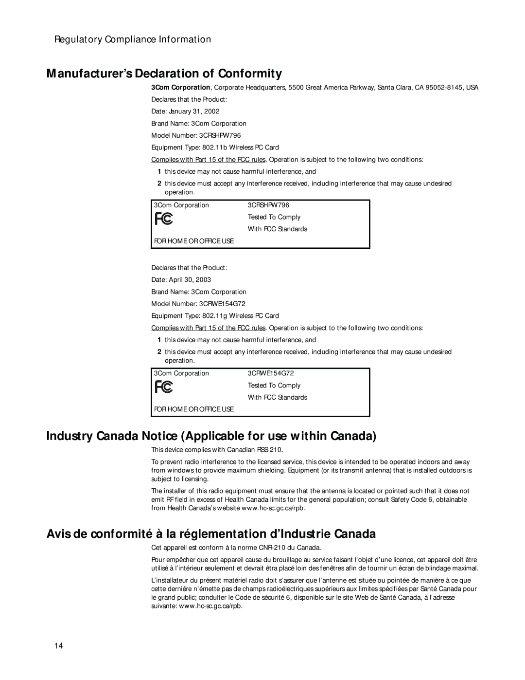 3Com 3CRSHPW796 manual Manufacturer’s Declaration of Conformity, Industry Canada Notice Applicable for use within Canada 