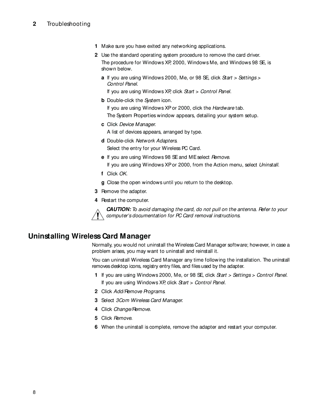3Com 3CRSHPW796, 3CRWE154G72 manual Uninstalling Wireless Card Manager, Troubleshooting 