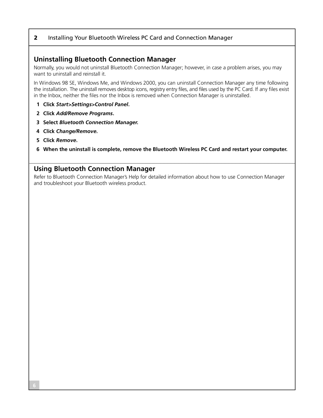 3Com 3CRWB6096 manual Uninstalling Bluetooth Connection Manager, Using Bluetooth Connection Manager 