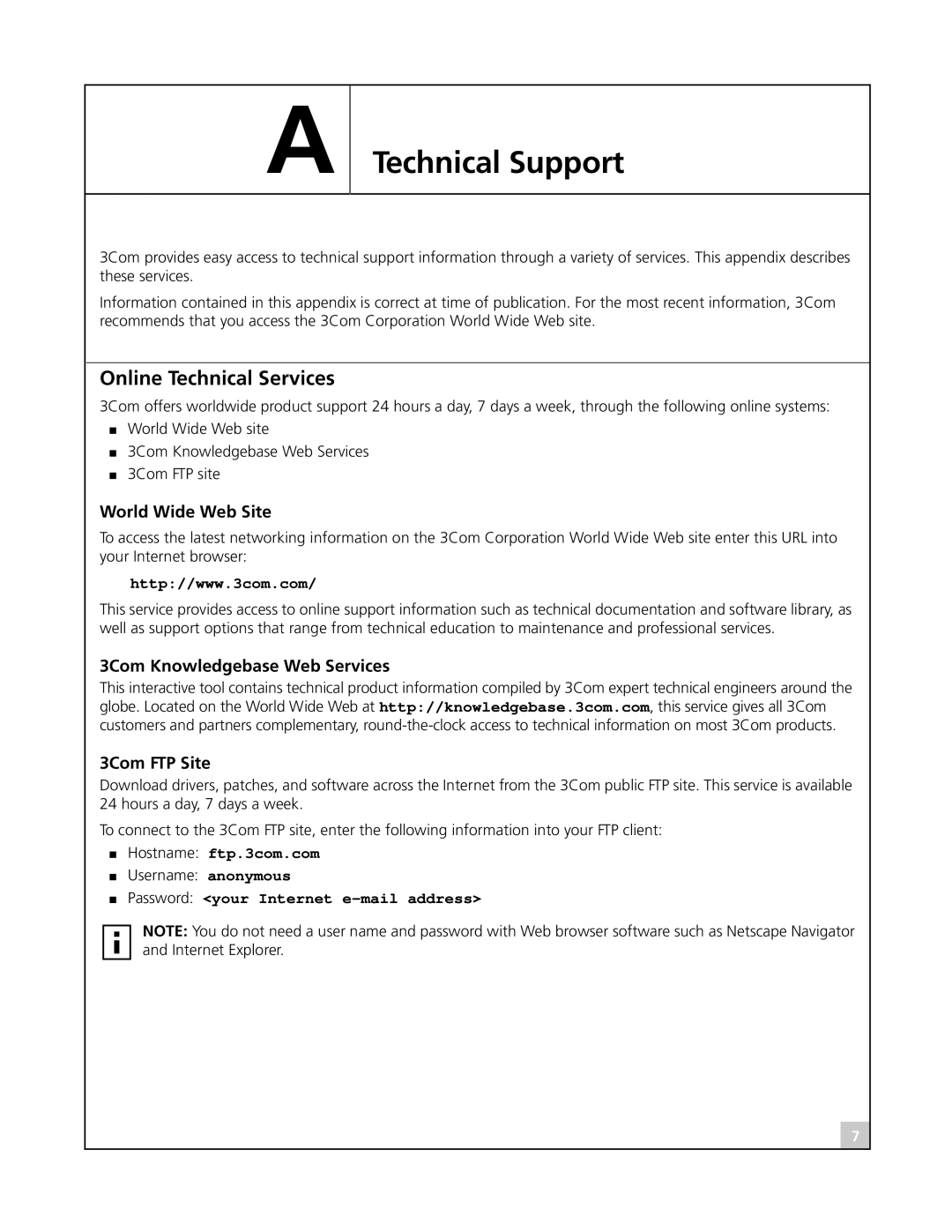 3Com 3CRWB6096 manual Technical Support, Online Technical Services 