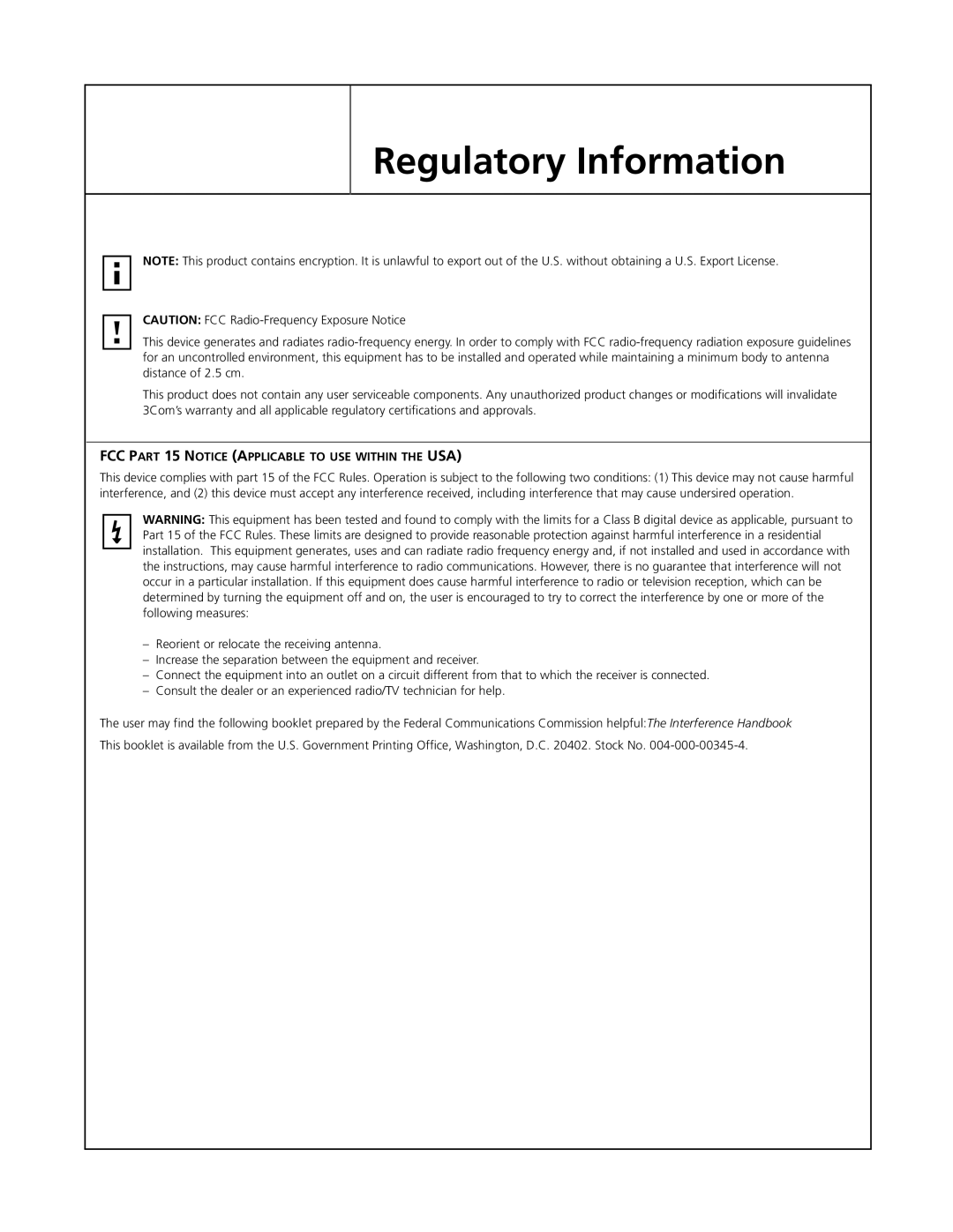 3Com 3CRWB6096 manual Regulatory Information 