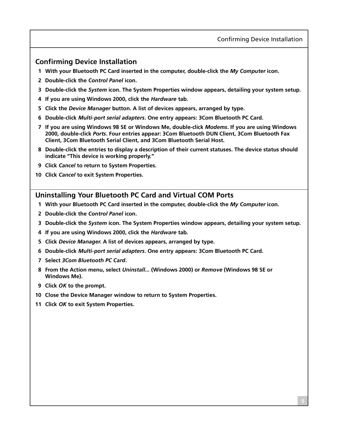 3Com 3CRWB6096 manual Confirming Device Installation, Uninstalling Your Bluetooth PC Card and Virtual COM Ports 