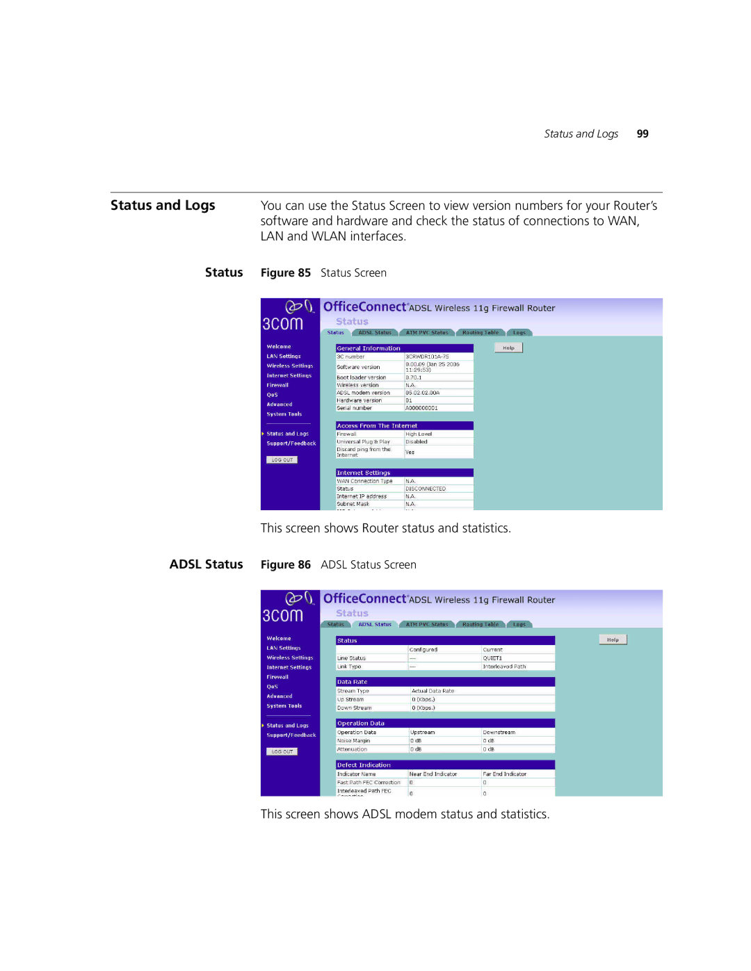 3Com 3CRWDR101A-75, 3CRWDR101B-75 manual This screen shows Router status and statistics 