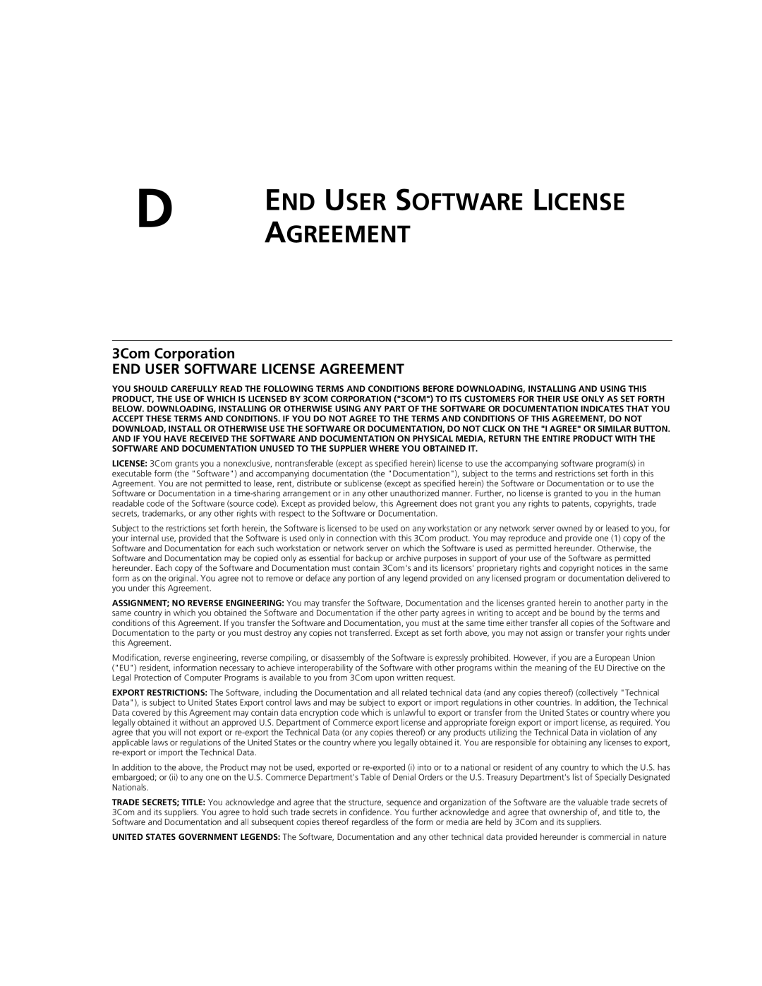 3Com 3CRWDR101A-75, 3CRWDR101B-75 manual Agreement, 3Com Corporation 