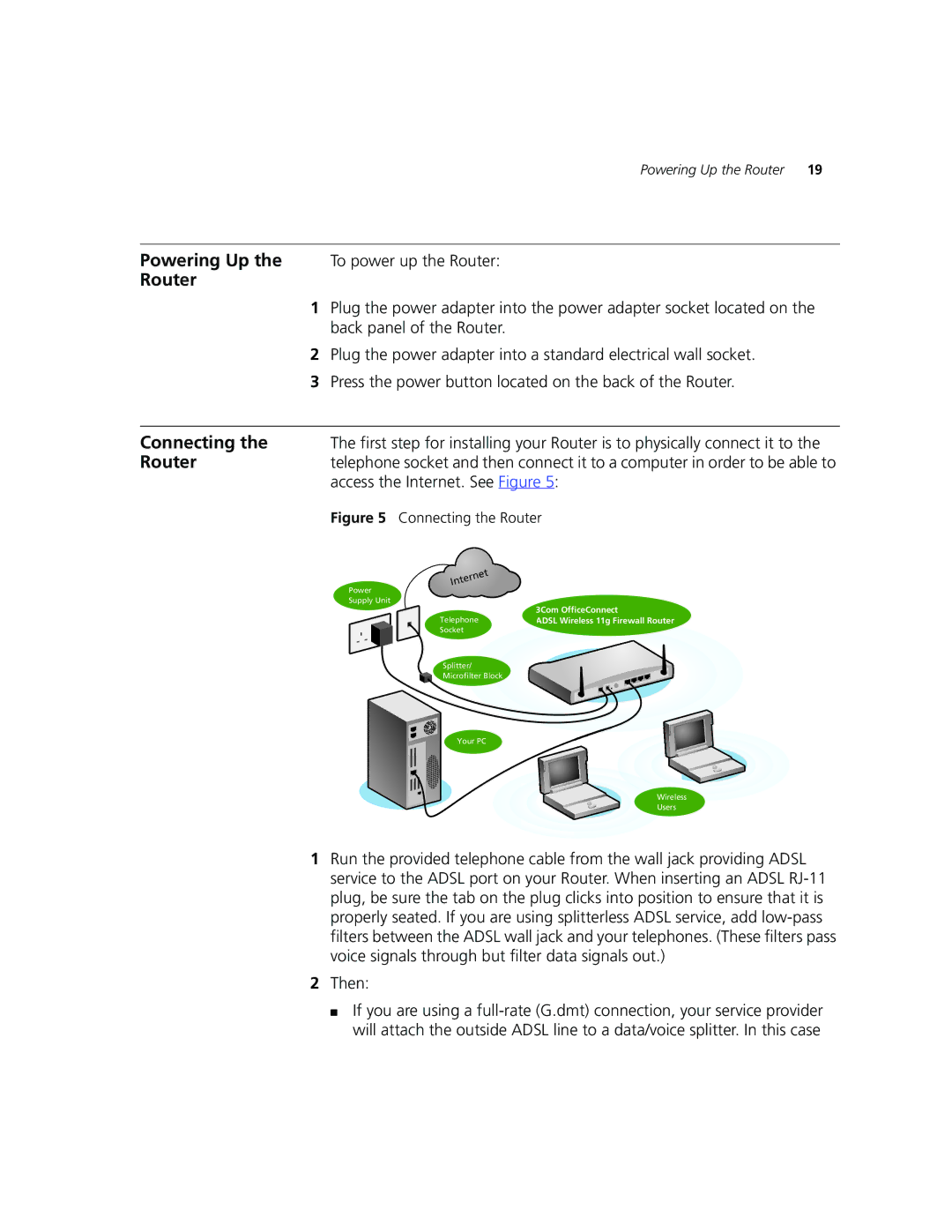 3Com 3CRWDR101A-75, 3CRWDR101B-75 manual Powering Up, Router, Connecting 