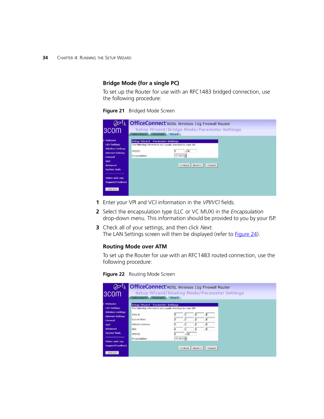 3Com 3CRWDR101B-75, 3CRWDR101A-75 manual Bridge Mode for a single PC, Routing Mode over ATM 