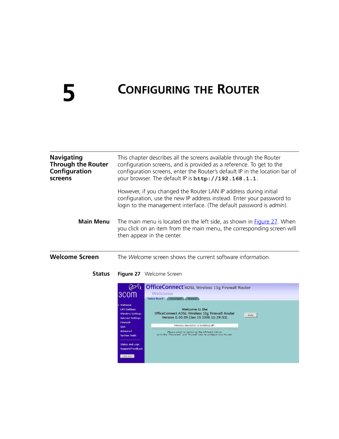 3Com 3CRWDR101A-75, 3CRWDR101B-75 manual Navigating, Through the Router, Configuration, Screens, Welcome Screen 