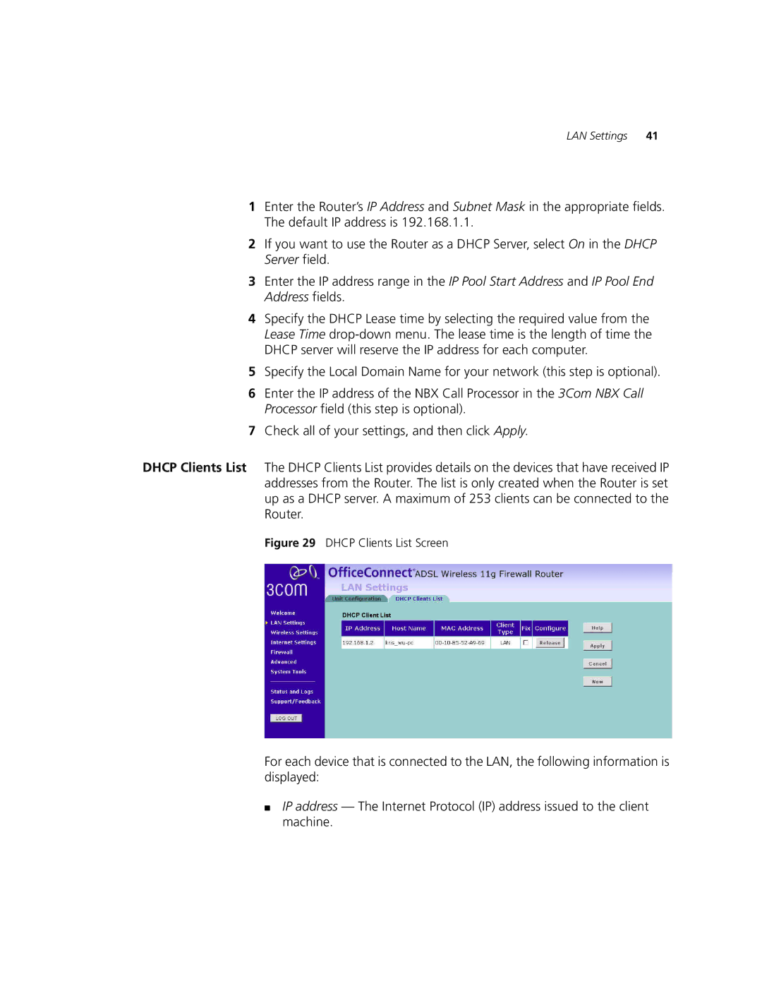 3Com 3CRWDR101A-75, 3CRWDR101B-75 manual Dhcp Clients List Screen 