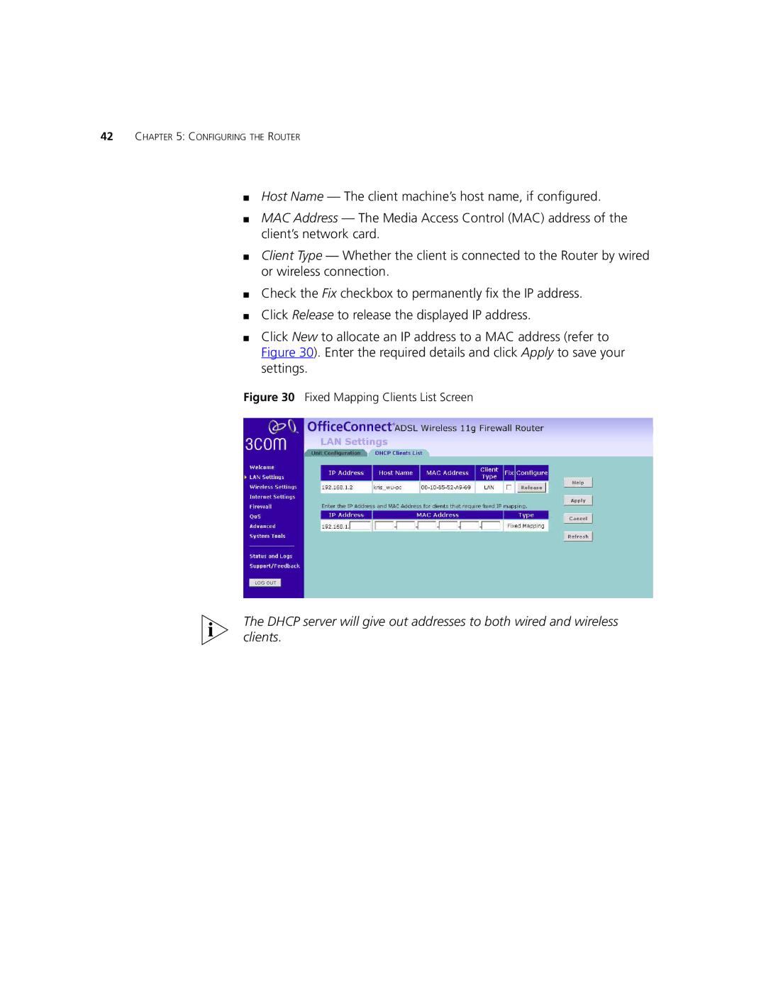 3Com 3CRWDR101B-75, 3CRWDR101A-75 manual Fixed Mapping Clients List Screen 