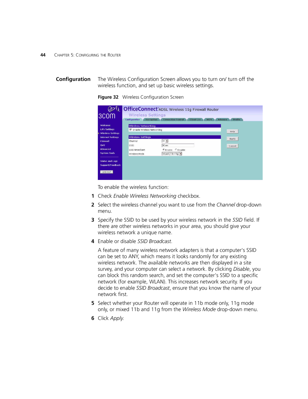 3Com 3CRWDR101B-75, 3CRWDR101A-75 manual Check Enable Wireless Networking checkbox, Wireless Configuration Screen 