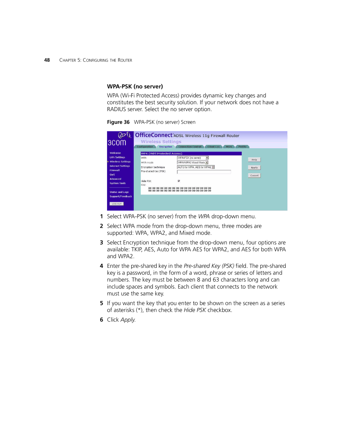 3Com 3CRWDR101B-75, 3CRWDR101A-75 manual WPA-PSK no server Screen 