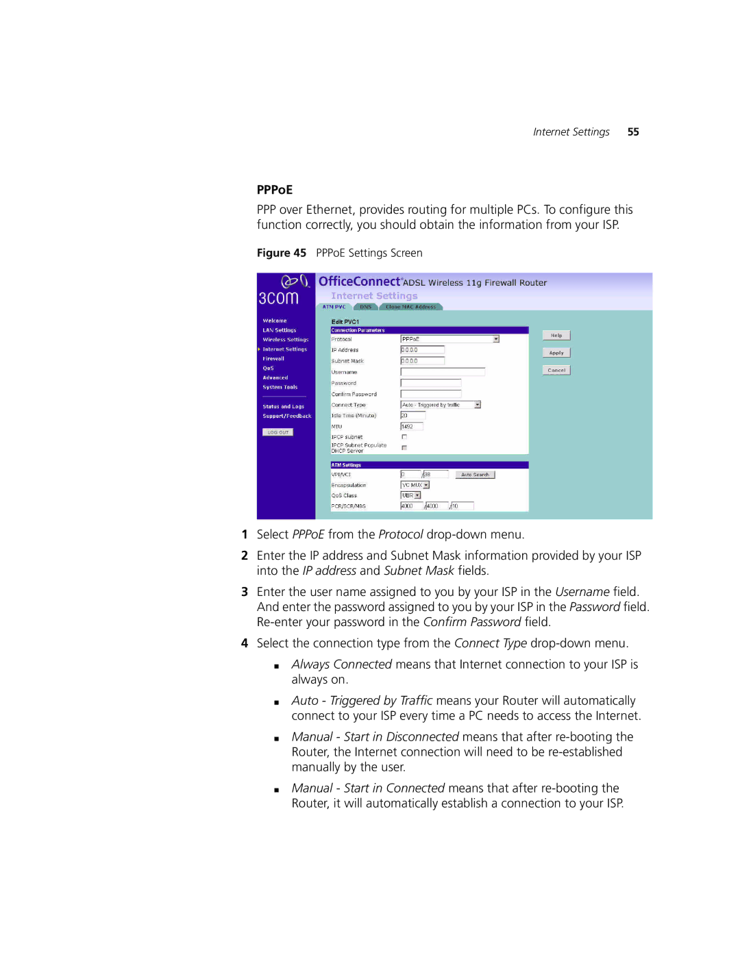 3Com 3CRWDR101A-75, 3CRWDR101B-75 manual PPPoE Settings Screen 