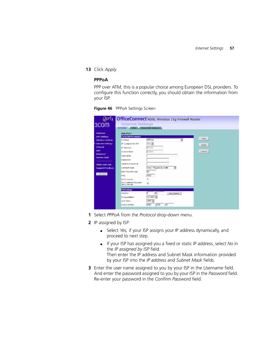 3Com 3CRWDR101A-75, 3CRWDR101B-75 manual PPPoA Settings Screen 