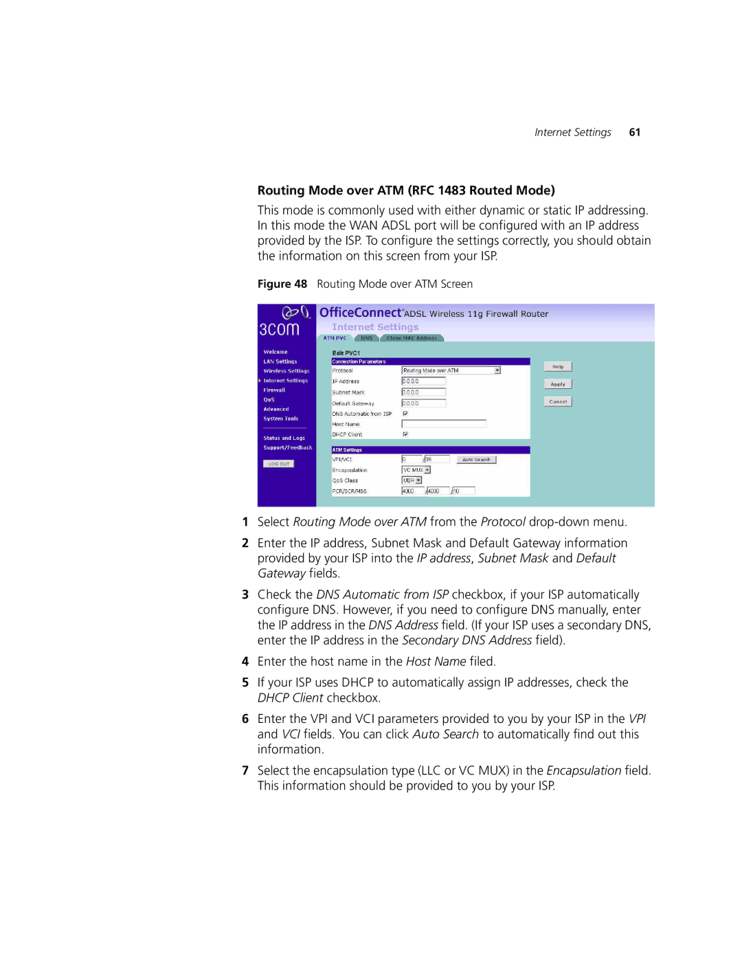 3Com 3CRWDR101A-75, 3CRWDR101B-75 manual Routing Mode over ATM RFC 1483 Routed Mode, Routing Mode over ATM Screen 