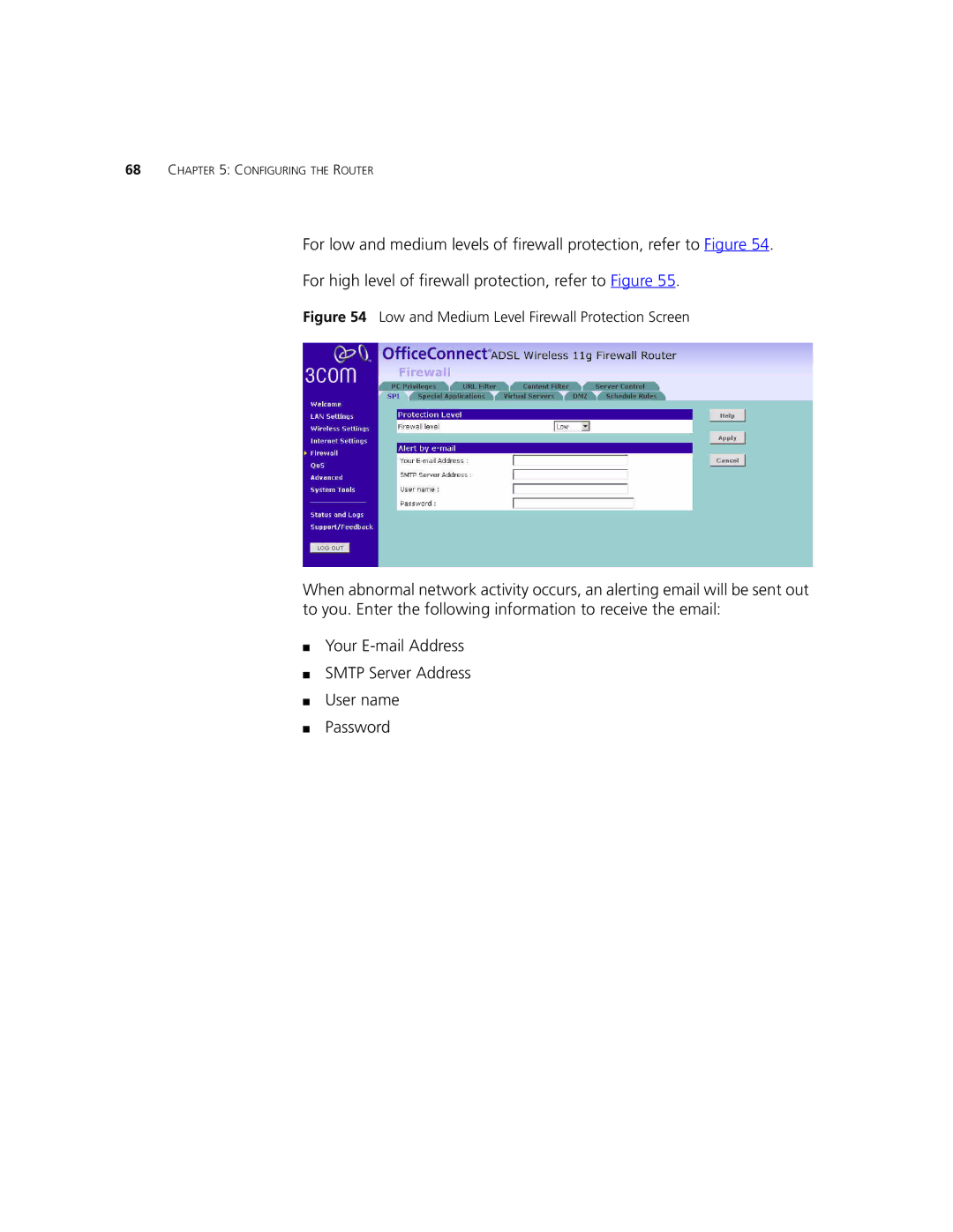 3Com 3CRWDR101B-75, 3CRWDR101A-75 manual Low and Medium Level Firewall Protection Screen 
