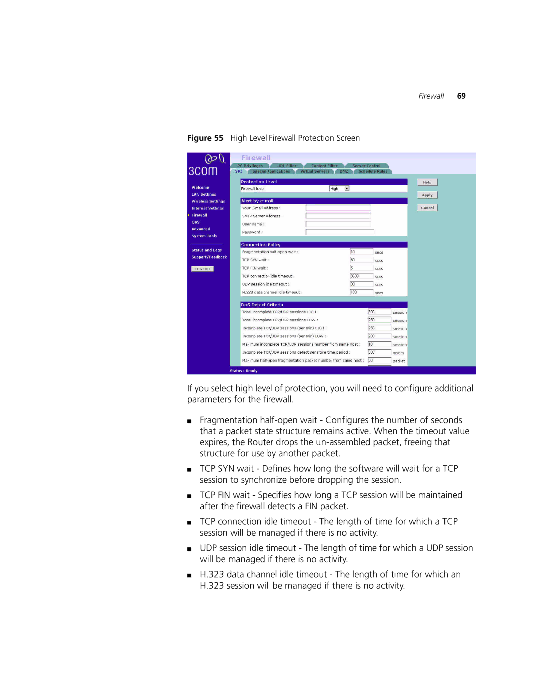 3Com 3CRWDR101A-75, 3CRWDR101B-75 manual High Level Firewall Protection Screen 