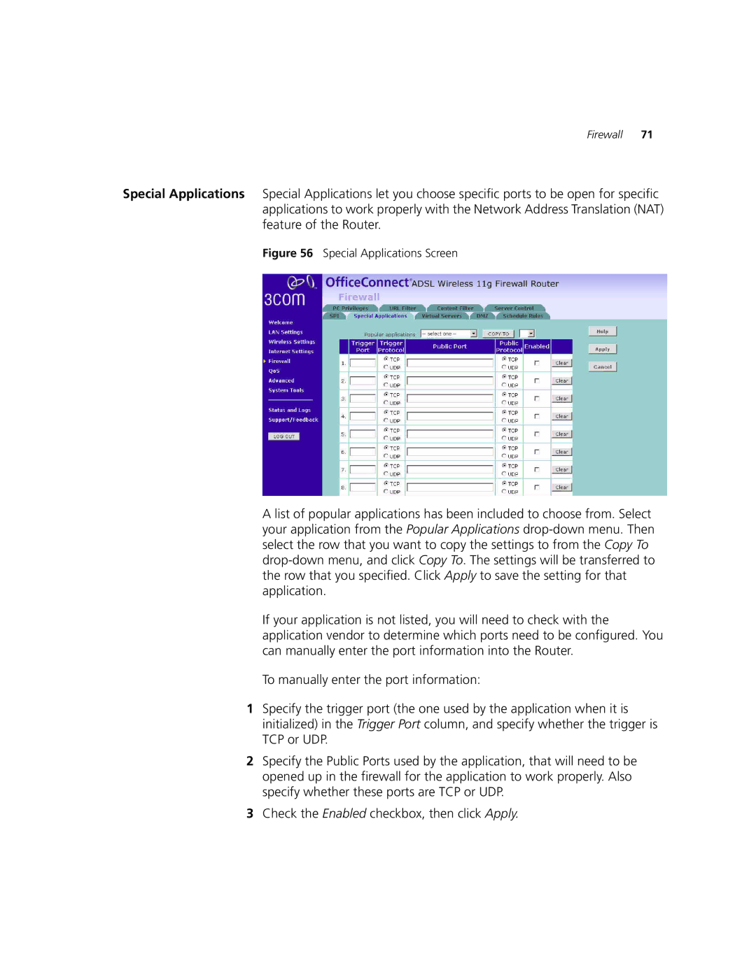 3Com 3CRWDR101A-75, 3CRWDR101B-75 manual Special Applications Screen 