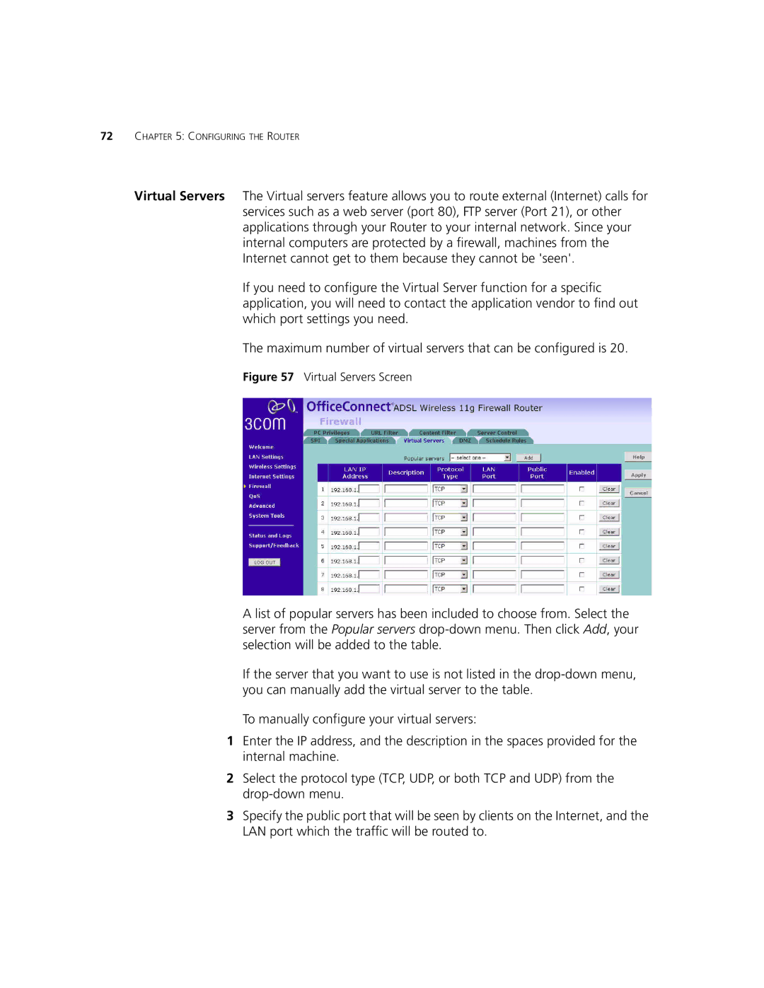 3Com 3CRWDR101B-75, 3CRWDR101A-75 manual Virtual Servers Screen 