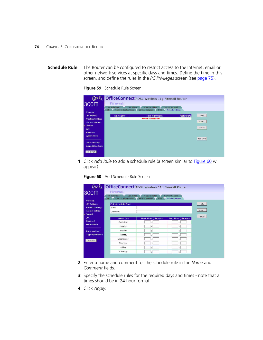 3Com 3CRWDR101B-75, 3CRWDR101A-75 manual Schedule Rule Screen 